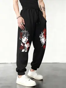 Men's Gothic Anime Portrait Design Casual Sports Loose Straight Leg Pants, Spring New Arrival, Street Style Fashion Geometric Pattern