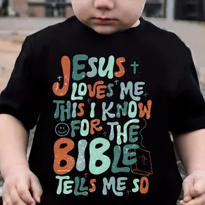 Boys' "Jesus Loves Me This I Know" Bible Verse T-Shirt - Cute & Casual Short Sleeve, 100% Cotton, Colorful Letter Print, All-Season Wear