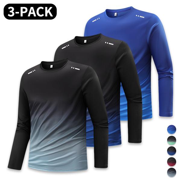 Men’s 3-Pack Gradient Long-Sleeve Sports T-Shirts, Quick-Dry Crew Neck Fitness Tops, Breathable Running Casual Sport Shirts