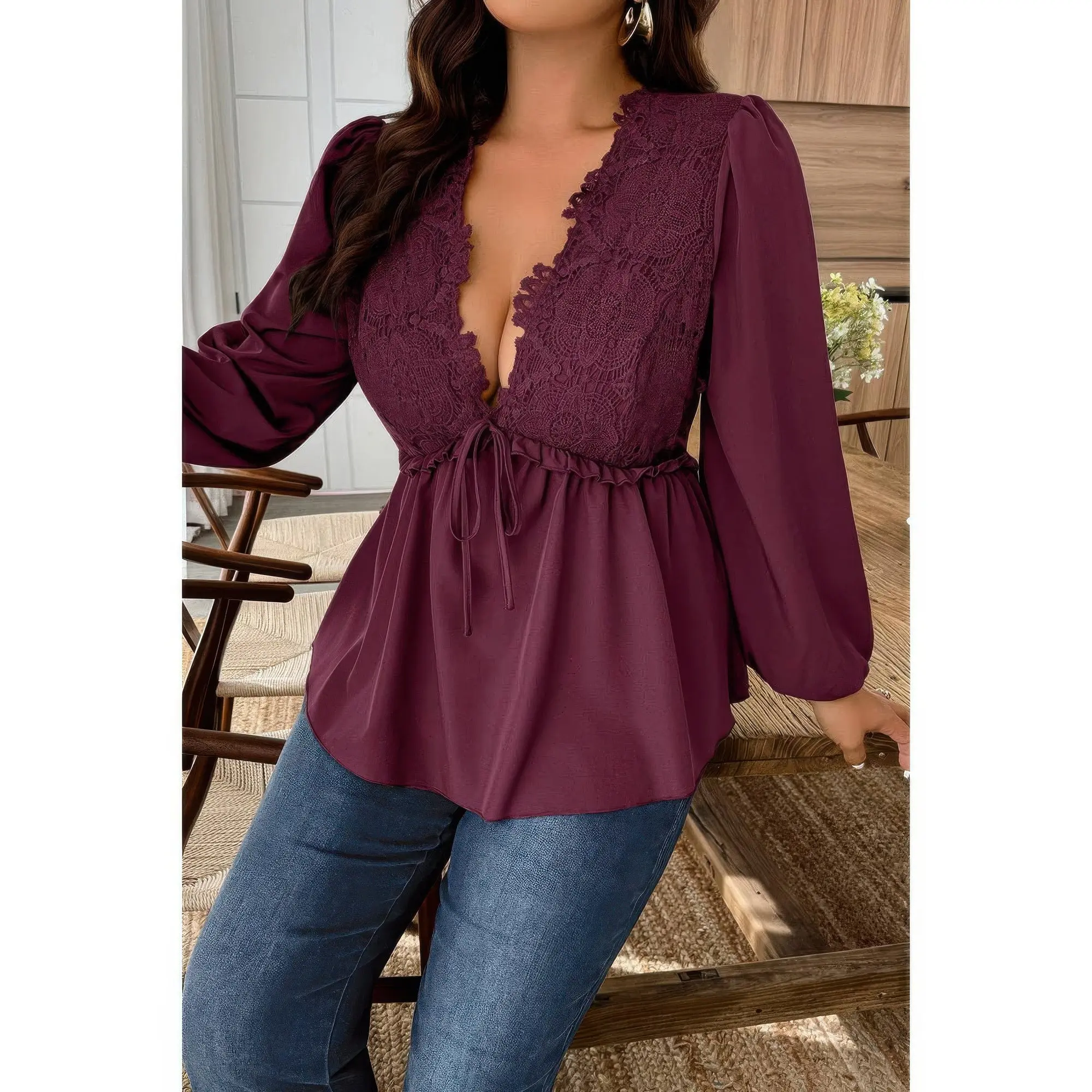 Women's Plus Size Feminine Solid V-Neck Lace Patchwork Blouse - Fit for Day Wear, Elegant Blouses for Casual Outings