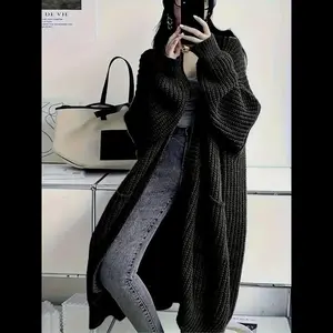 Women's Long Plus Size Thick Knit Cardigan with Pockets, Loose-Fitting Long Sleeve Sweater Coat for Fall & Winter