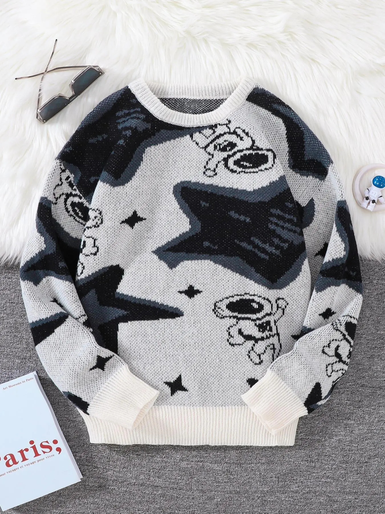 Men's Fashion Galaxy Pattern Sweater, Round Neck Crewneck Long Sleeve Fitted Knitwear, Casual Warm Pullover for Spring & Fall Seasons