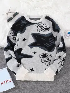 Men's Fashion Galaxy Pattern Sweater, Round Neck Long Sleeve Fitted Knitwear, Casual Warm Pullover for Spring & Fall Seasons