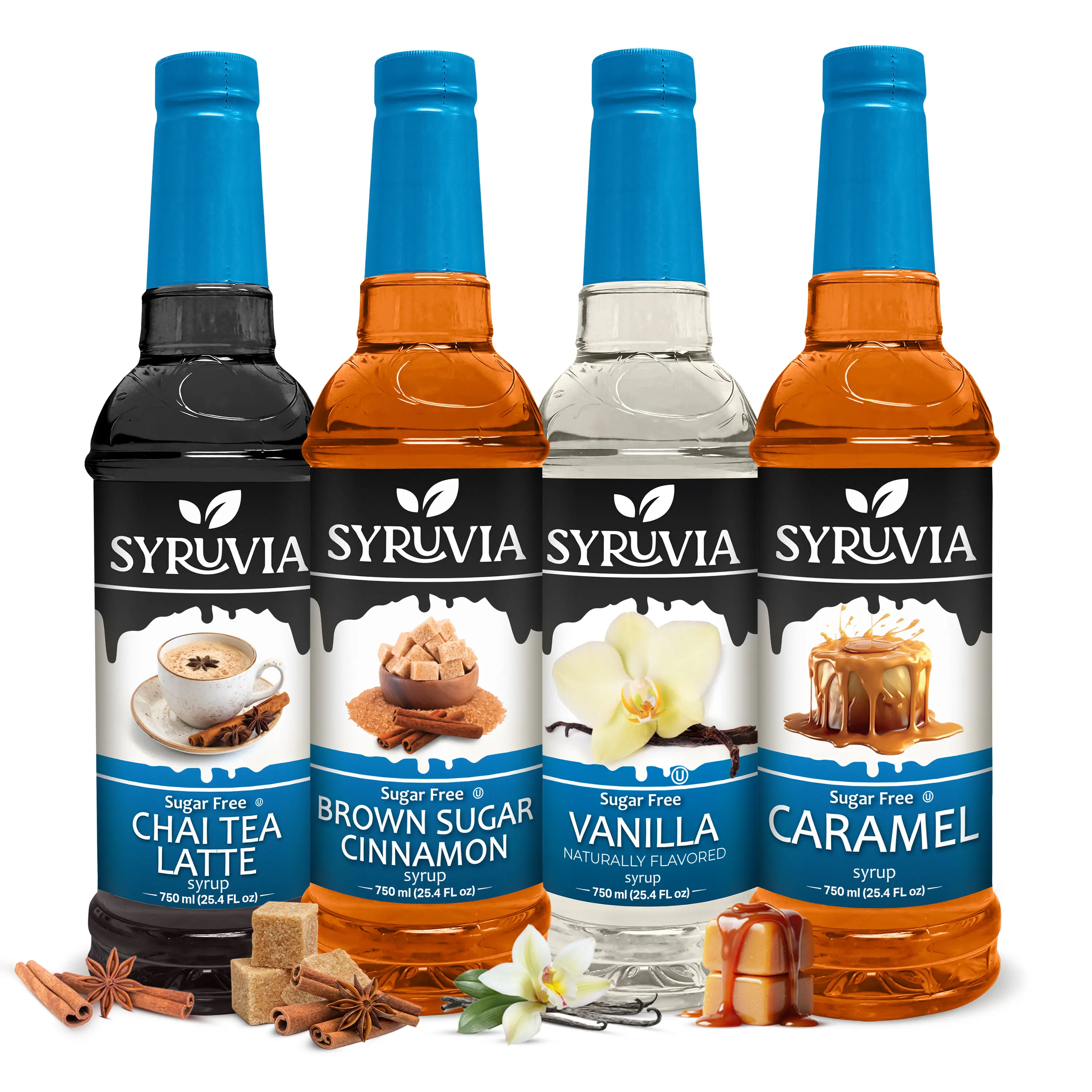 Syruvia Sugar Free Variety Pack – Chai Tea Latte, Brown Sugar Cinnamon, Vanilla & Caramel Syrup – Kosher, Gluten-Free, Kosher, 25.4 fl oz Bottles – Ideal for Coffee, Tea & More (4-Pack), Flavor, Beverage