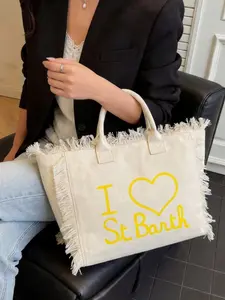 2026 New Fringe Tot Bag, Beach Style Letter Embroidery Canvas Shoulder Bag, Large Capacity Casual Single Strap Bag for Students