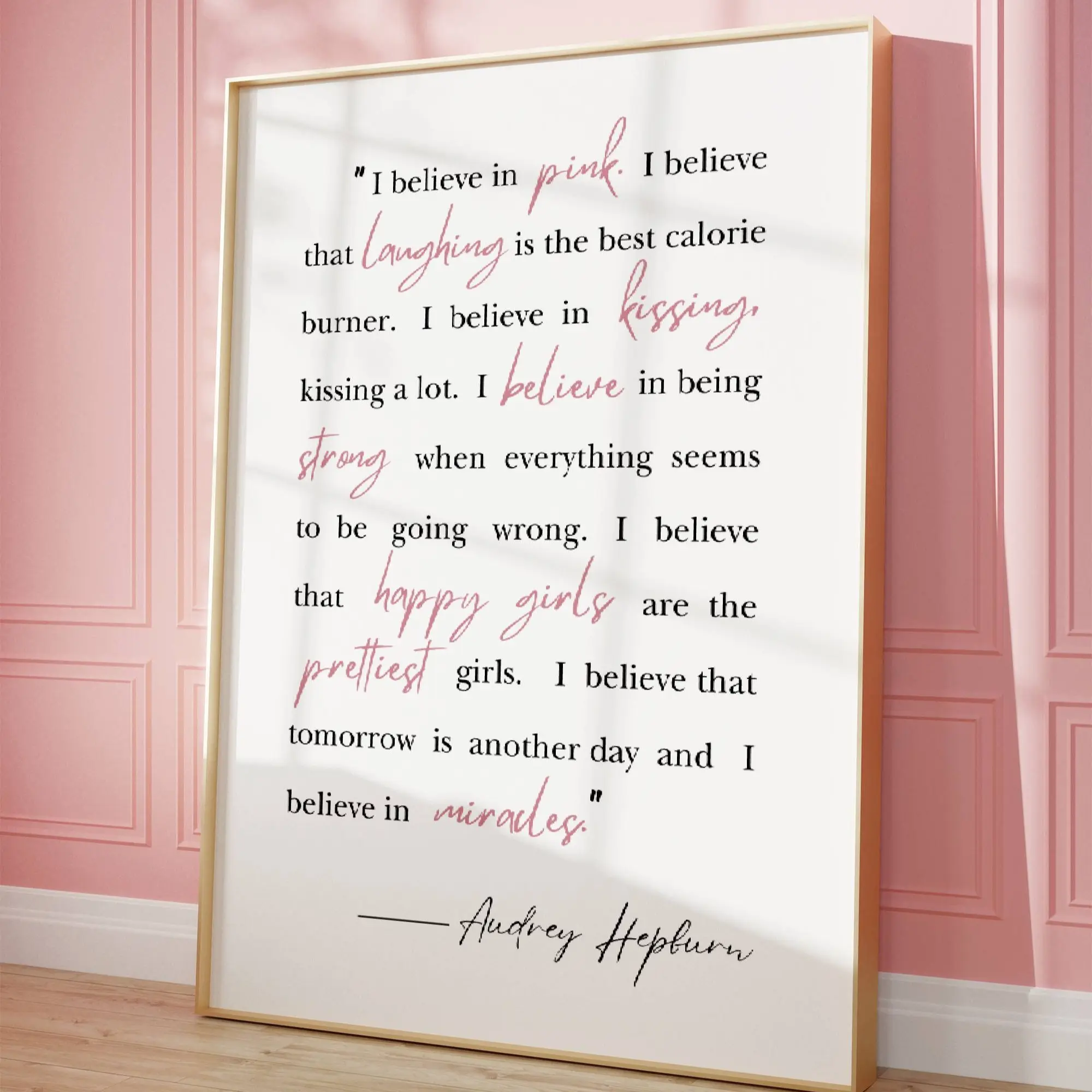 RJ Audrey Hepburn pOSTER nO fRAME Print - Wall Art featuring iconic Audrey Hepburn quotes, Feminine design in pink tones