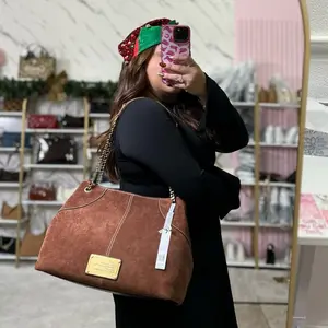 MJ Suede Tote Bag - Brown Suede Tote Bag with Gold Label and Chain Strap