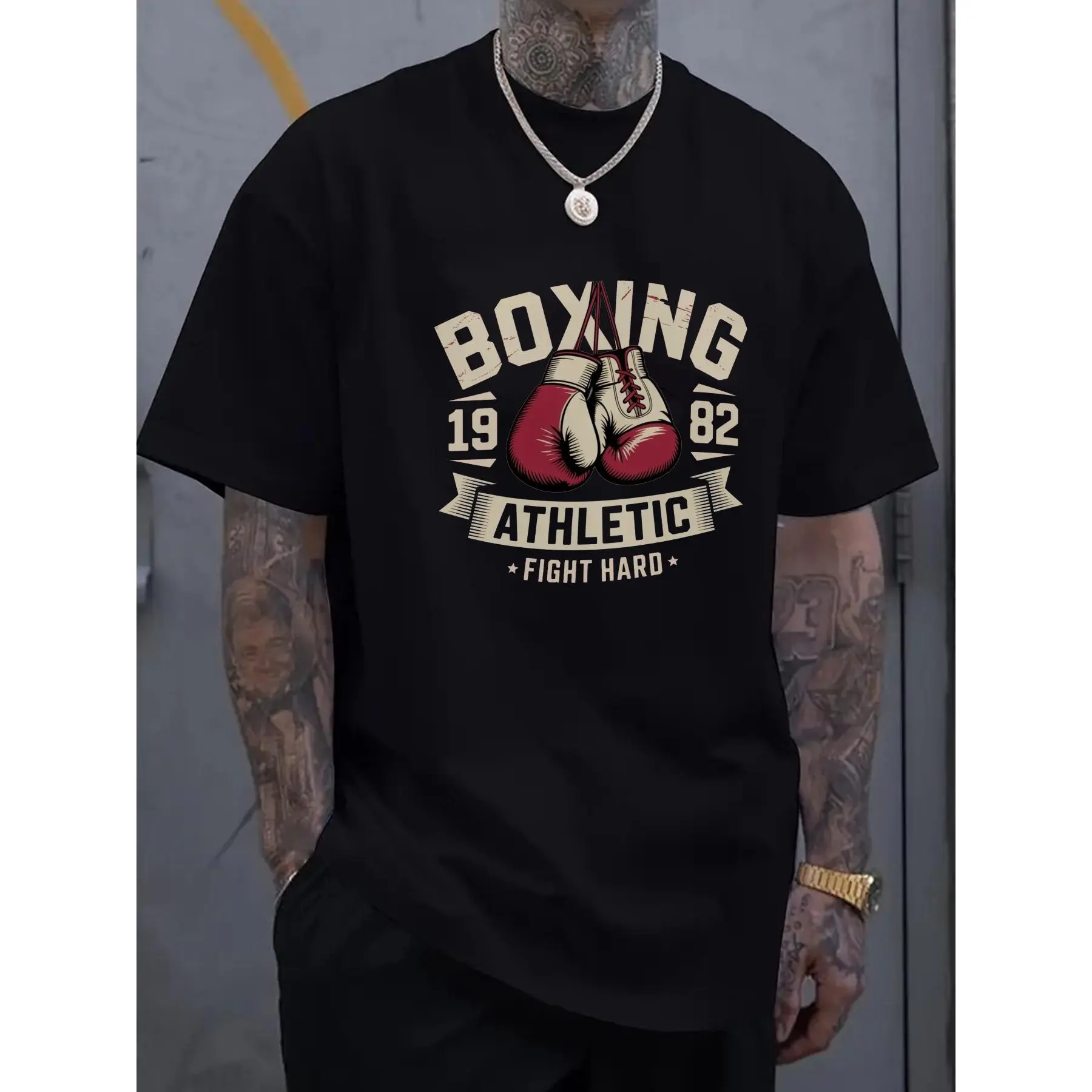 Men's Vintage 'Boxing Athletic 1982' Graphic Tops, Classic 80s Aesthetic Short Sleeve Round Neck T-Shirt with Unisex Fit, Tshirt