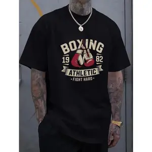 Men's Vintage "Boxing Athletic 1982 Fight Hard" Graphic T-Shirt Crew Neck Short Sleeve Black Casual Tee TikTok Viral