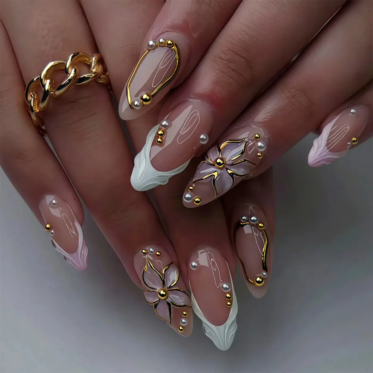 24Pcs Press On Nails medium almond shaped 3D three-dimensional gilded carved pearl steel ball decoration, removable fake nail, anniversary gift, perfect gift for women, birthday gift, holiday gift