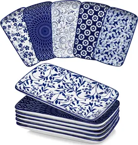Selene 9.5 in Rectangle Dinnerware Set of 6, Ceramic Plates for Dinner, Dessert, Appetizer, Porcelain Serving Platters for Entertaining, Microwave & Oven Safe, Vintage Blue & White