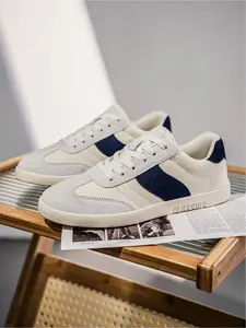 Men's Beige - Red Color - blocked Retro Casual Sneakers, Casual Jogging Shoes, Minimalist Classic Style, Canvas & Suede Material, Comfortable & Versatile, Ideal for Daily Travel & Casual Wearing