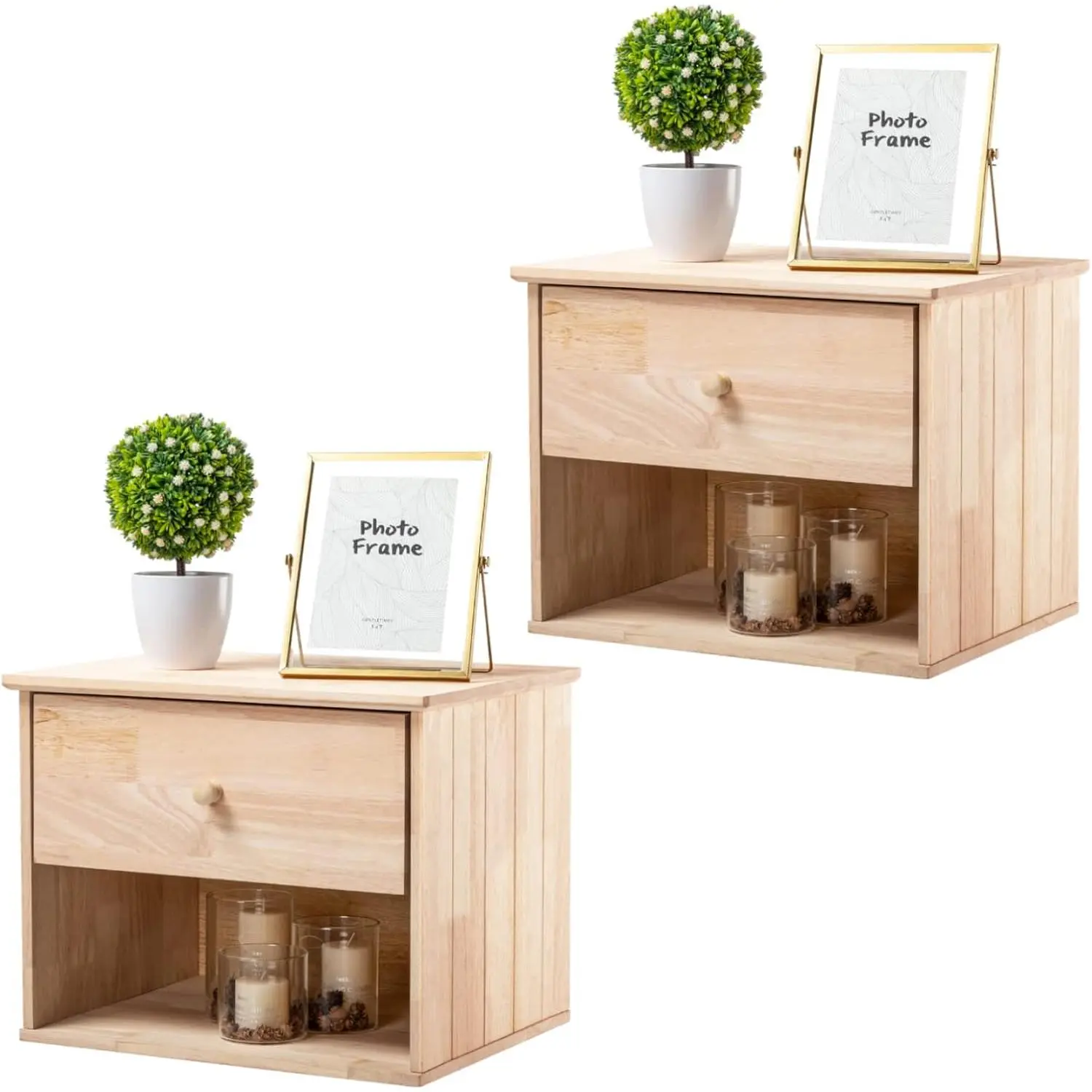 VINGLI Set of 2 Unfinished Natural Finish Solid Wood Rectangle Floating Nightstands - Modern Wood Table, Wall-Mounted Bedroom Small Space Bedside Tables with Drawer & Open Shelf, Farmhouse DIY Color Pieces
