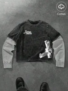 Men's Casual Two-Piece Long Sleeve Fitted T-Shirt, Unique Graphic Plaid Print, Fashionable and Versatile, Cotton Fabric, Ideal for Young Men, Streetwear