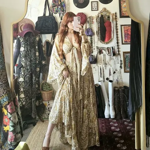 Women's 2-Piece Viscose Boho Outfit - Adjustable Ruffled Top, 44" Long Floral Printed Maxi Skirt, Soft Light Flowy Retro Hippie Clothes, Ideal for Beach & Festival Summer Wear