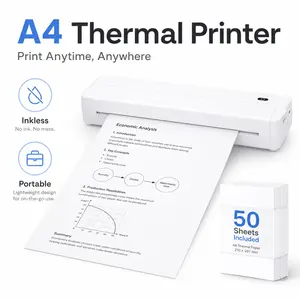 ZRZTM Portable A4 Thermal Printer, 203 DPI Inkless Bluetooth Mobile Printer, USB-C 2000mAh Rechargeable Wireless Printer with 50 Sheets of 210 x 297 mm A4 Thermal Paper, for iOS Android Laptop, Travel Office School & Gifts