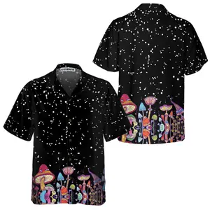 Colorful Mushroom Hawaiian Shirt, Funny Mushroom Print Shirt For Men & Women, Short Sleeve Casual Button Down Shirts Summer Beach Shirt, Tropical Floral Shirt