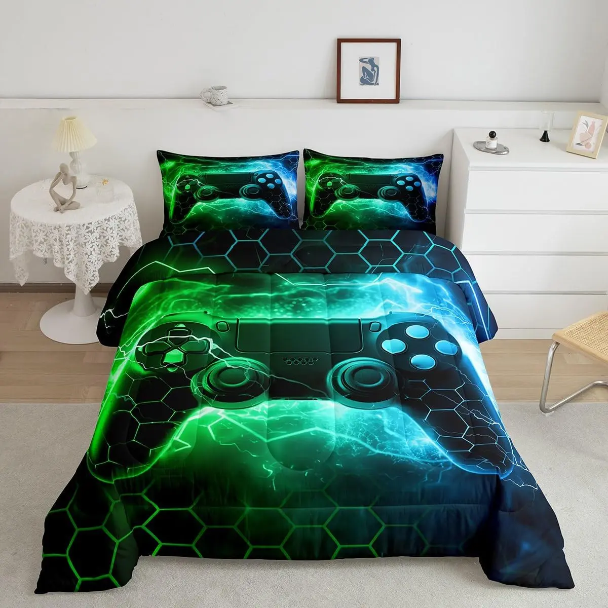 Feelyou Green Gamer Theme Bedroom Bedding Set - Honeycomb Gaming Designer Comforter, Lightning Gamepad Quilt, Breathable Soft Decorative Duvet Set for Game Room, Breathable Duvet Set