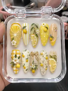 Handmade 3D Lemon Fruit Press-On Nails, Summer Reusable Nail Art Decoration Set for Beauty & Care