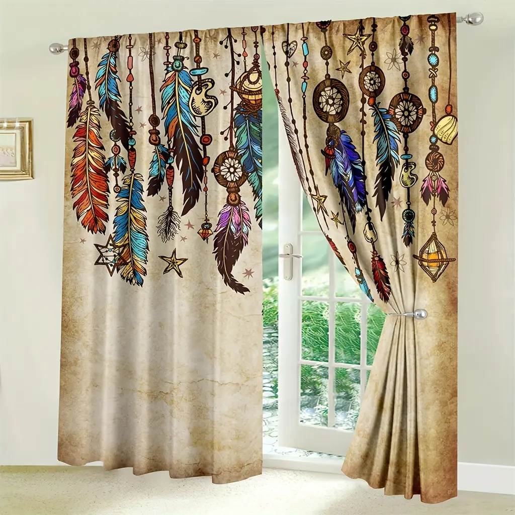2counts Vintage Feather Curtains, Boho Native American Indian Tribe Style Printed Curtains Rod Pocket Window Treatment For Bedroom Living Room Kitchen Office Home Decor