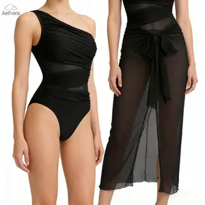 Aethera Women's Black One Shoulder Swimsuit with Sheer Mesh Cover Up | 2026 Trendy Ruched Bathing Suit Set | Stretchy Tummy Control Swimwear for Beach Vacations & Pool Parties