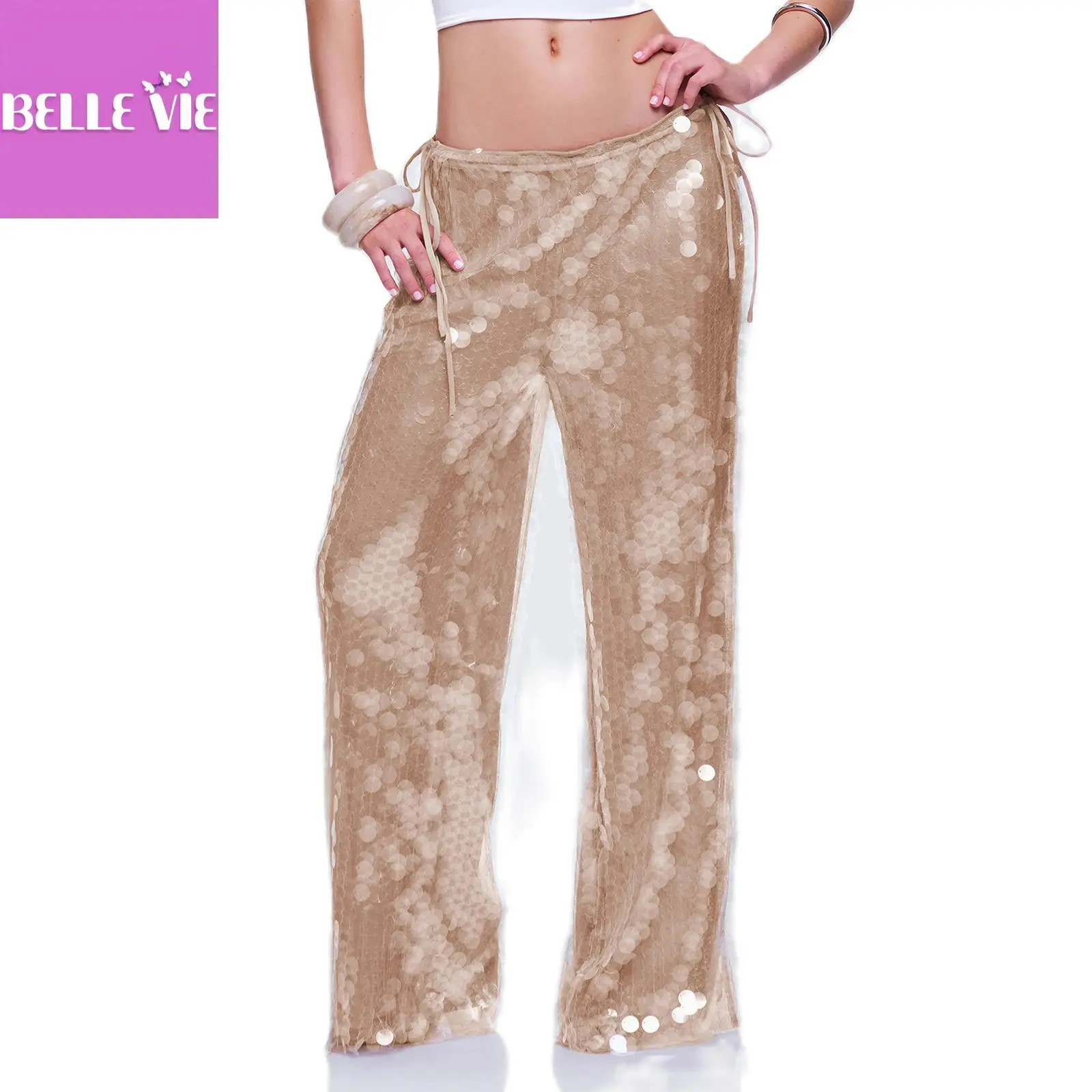 Women's Sparkle Sequins Wide Leg Pants - Shiny Glitter Elastic Waist, Loose Fit Polyester Trousers - Comfortable, Casual, Elegant Evening Streetwear Bottoms, Fabric