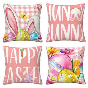 Easter Pillow Cover, Easter Bunny Pattern Pillow Cover, Sofa Decoration, Pink Buffalo Grid Spring Home Decoration 4-piece Set with Double sided Printing