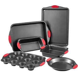 VEVOR Baking Pans Set, 6-Piece, Nonstick Carbon Steel Cookware Sheets & Trays, Stackable Kitchen Oven Bakeware Cooking Sets with Silicone Handles, Easy to Clean, for Baking Cookie Cake Muffin Bread