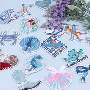 24pcs Summer Beach Series Mixed Cartoon Embroidered Fabric Patches, Embroidery Design, Ocean Animals Iron-On Sewing, DIY Crafts Hat Jacket Bag Decorations