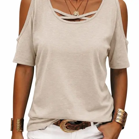Women's Spring Summer New Elegant Minimalist Cold-Shoulder Cross Neck Lightweight T-Shirt, French Style Slim Fit Short Sleeve Top for Office & Commute, Casual College Style