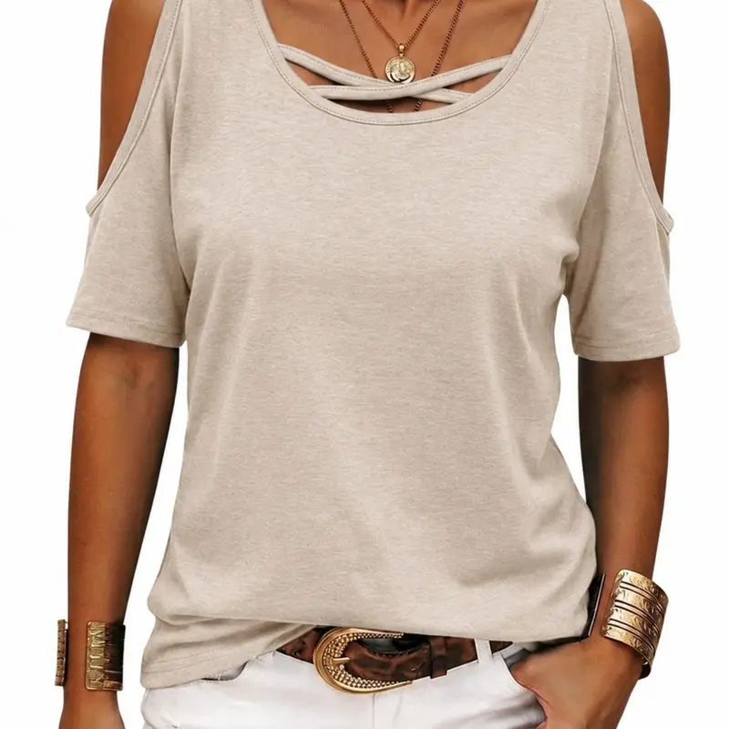 Women's Spring Summer New Elegant Minimalist Cold-Shoulder Cross Neck Lightweight T-Shirt, French Style Slim Fit Short Sleeve Top for Office & Commute, Casual College Style