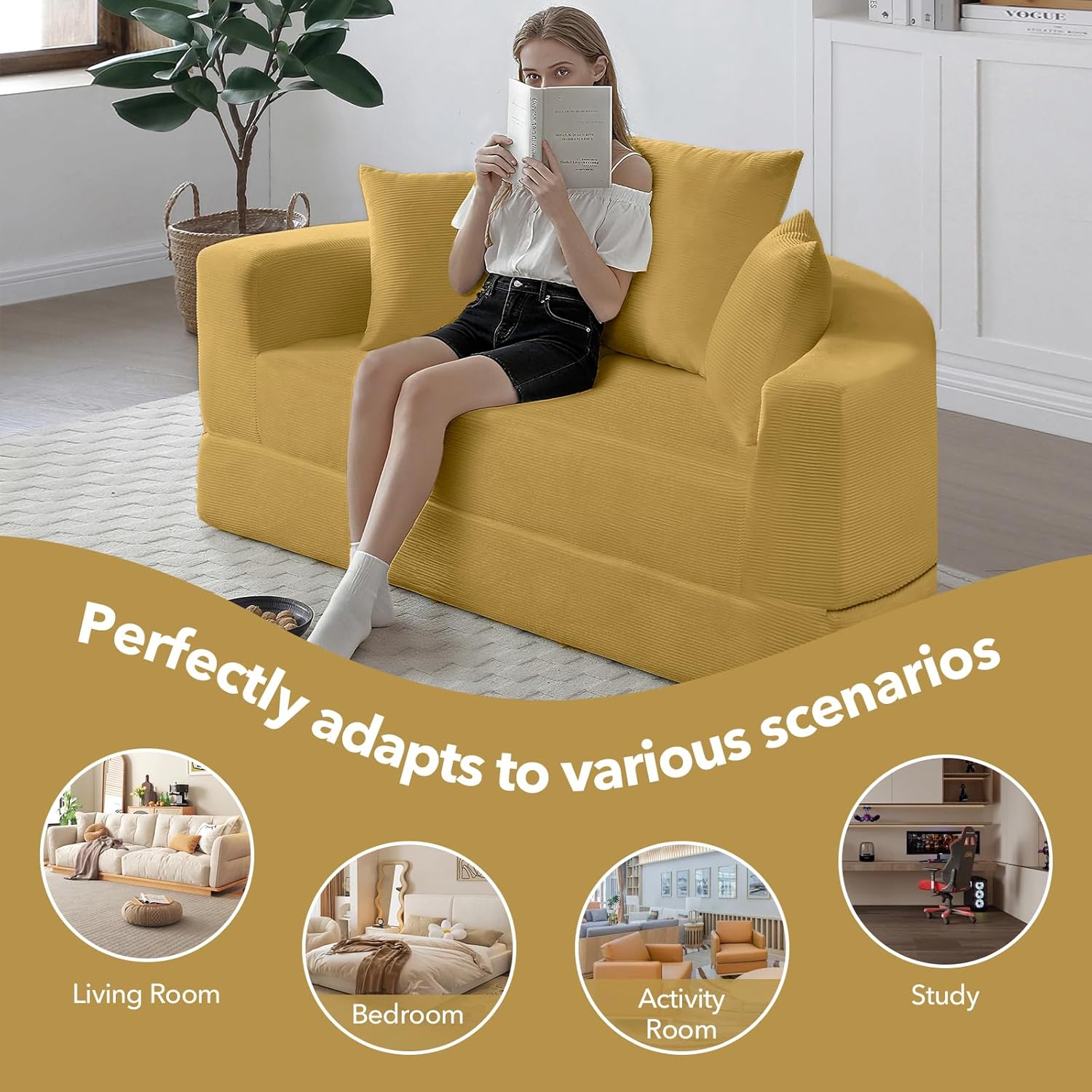 Round Convertible Sleeper Sofa Bed Folding Couch Chenille Foldable Floor Couch Bed with Armrest and Pillows, 67" Boneless Sofa Sleeper for Living Room, Apartment, Dorm, Small Spaces