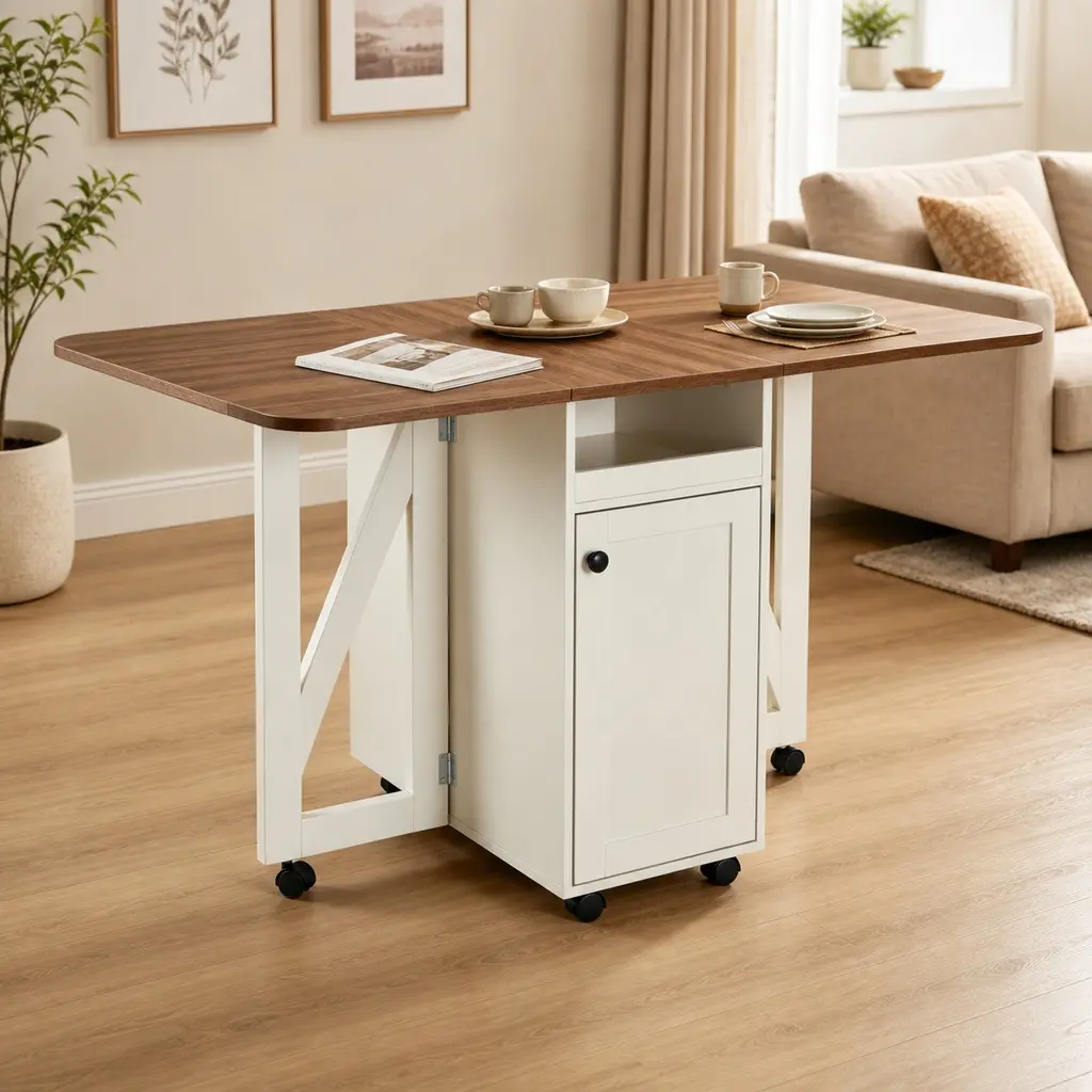 Foldable Dining Table with Drop Leaf, Rolling Kitchen Island Cart with Storage Cabinet and Wine Rack, Space Saving Multi-Functional Utility Cart for Small Kitchen, Living Room, Beige White/Walnut Options, Beige White/Walnut Color Options
