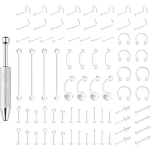 66-76 Pcs Clear Piercing Retainers, Bioflex Body Jewelry for Eyebrow, Lip, Septum, Nose, Nipple, Navel,Tongue, Tragus, Discreet Industrial Piercing Retainer, Piercing Ball Grabber Kit for Work