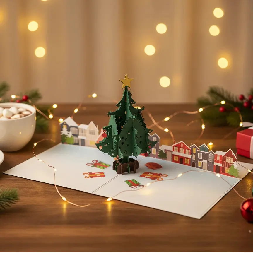 2 Pack Christmas Tree Pop-Up Greeting Cards with 3D Tree & Snowy Village Scene Holiday Gift Set Includes Envelopes Premium Quality Cardstock