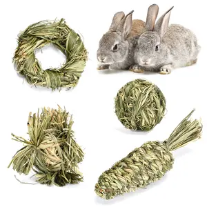Rabbit Chew Toys for Boredom Relief Natural Grass Woven Ball and Timothy Hay Treats Set Exotic Pet Enrichment Supplies Chinchilla Guinea Pig Fun Snack Ball
