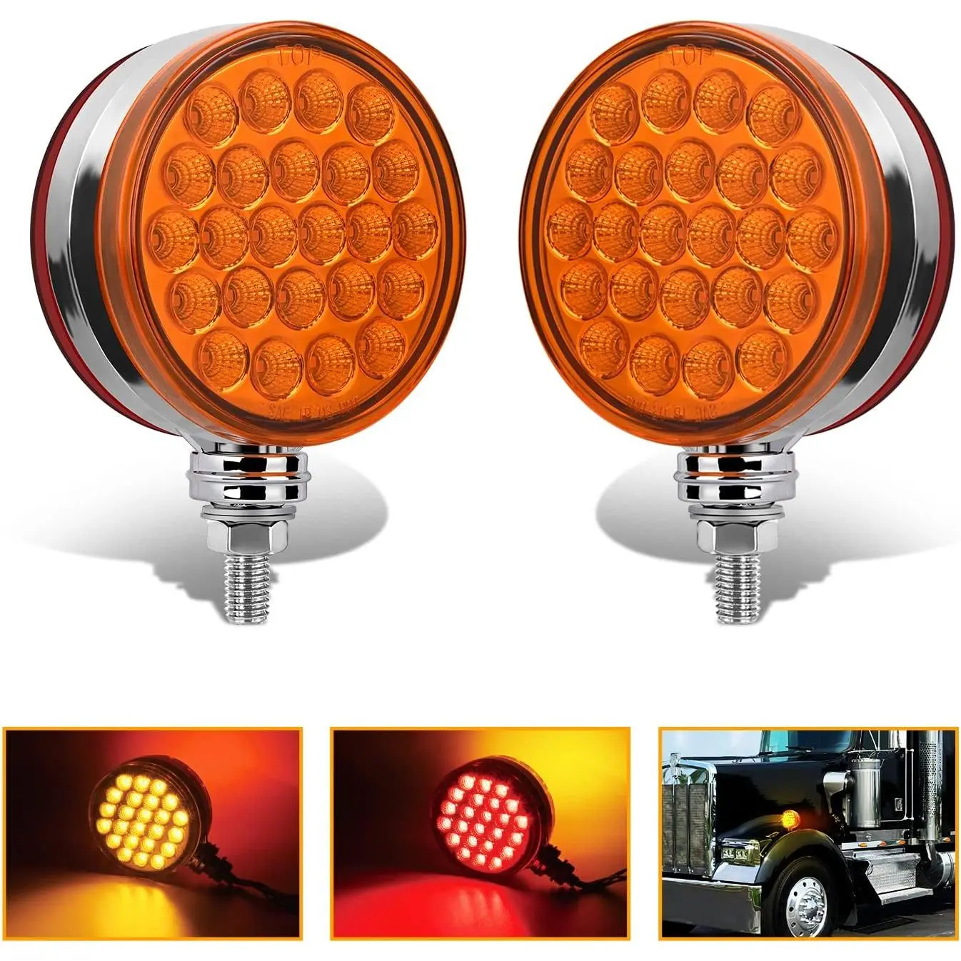 Nilight 2PCS Round Double-Face Fender Pedestal Vehicle Lights - 48LED High-Bright Amber Red Brake, Signal, Turn Marker Tail Lights, Stud-Mount Vehicle Accessories, Universal Fit for 12v/24v Heavy Duty Mack, Kenworth Trucks, Universal Fit For 12V/24V Heavy