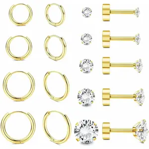 Earring set, suitable for multiple perforations, plated with small Hu Ji rings, suitable for women, mini ball CZ flat back earrings, suitable for women's cartilage earrings, once a day