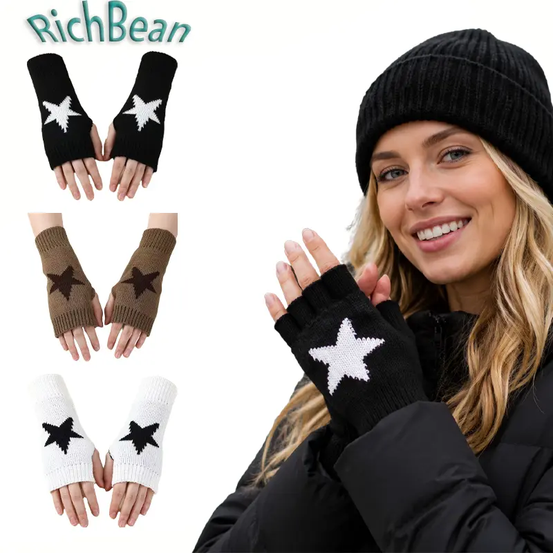 1 Pair Star Pattern Fingerless Gloves for Women Men, Soft Warm Half Finger Gloves, Stretchy Knitted Winter Gloves with Touchscreen Design, Cozy Hand Warmers for Cold Weather, Outdoor Running Cycling Driving Writing Gaming, Unisex Everyday Wear