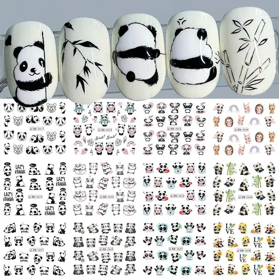 12 Designs Kawaii Panda Nail Art Stickers Cute Bamboo Bear Nail Water Decals Sliders Transfer Tattoos for Manicure Decorations