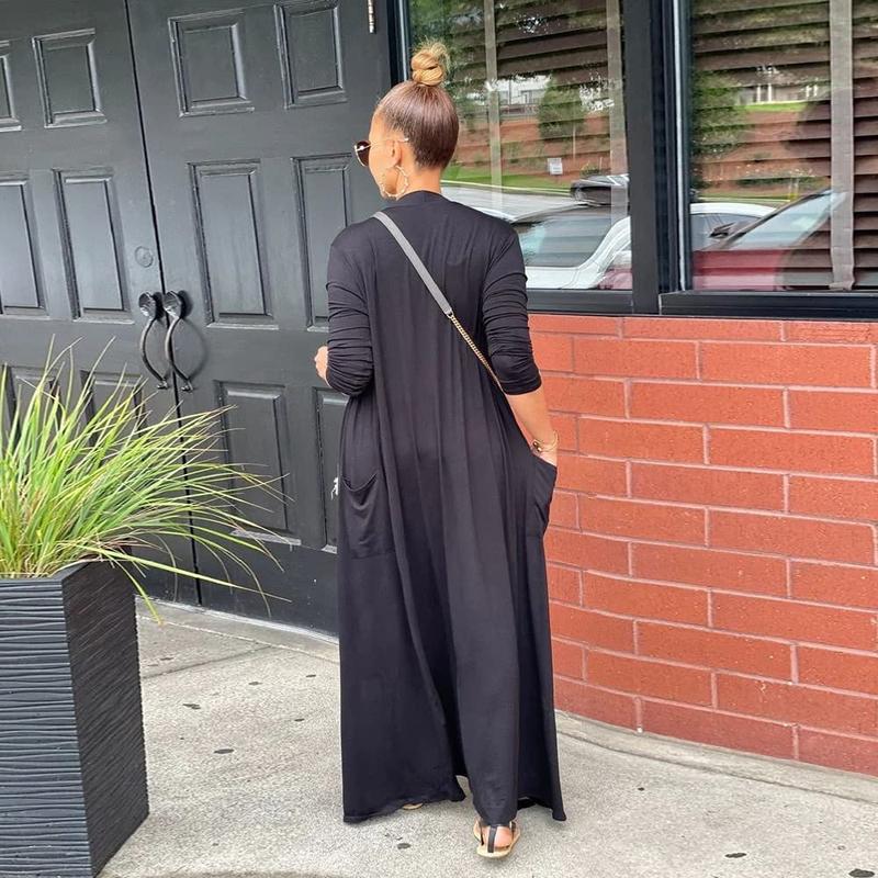 Women's Casual Basic Knitted Pockets Open Front Wrap Duster Coat Long Boho Winter Shrugs Draped Cardigan Outfit with High-Low Hem & Versatile Solid Color for Spring Summer Fall