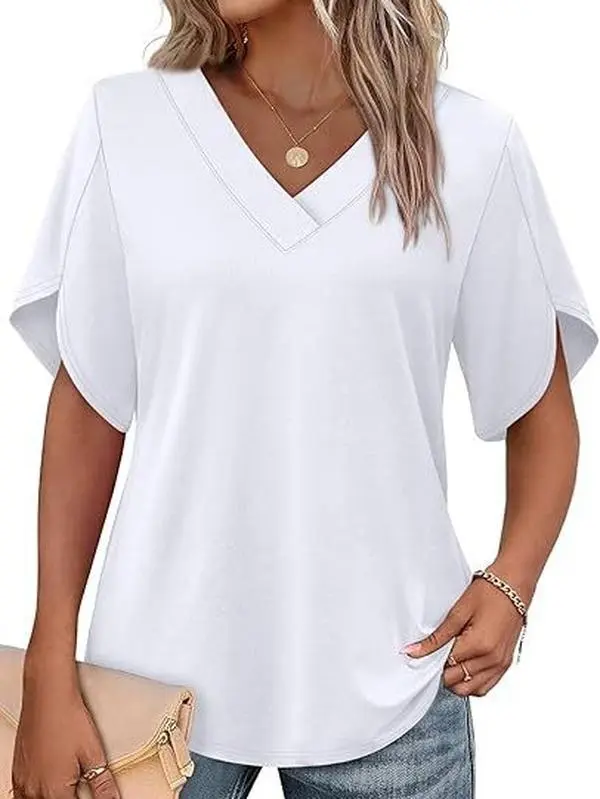 Womens Summer Tops Short Petal Sleeve Shirts Casual Fashion V Neck Out