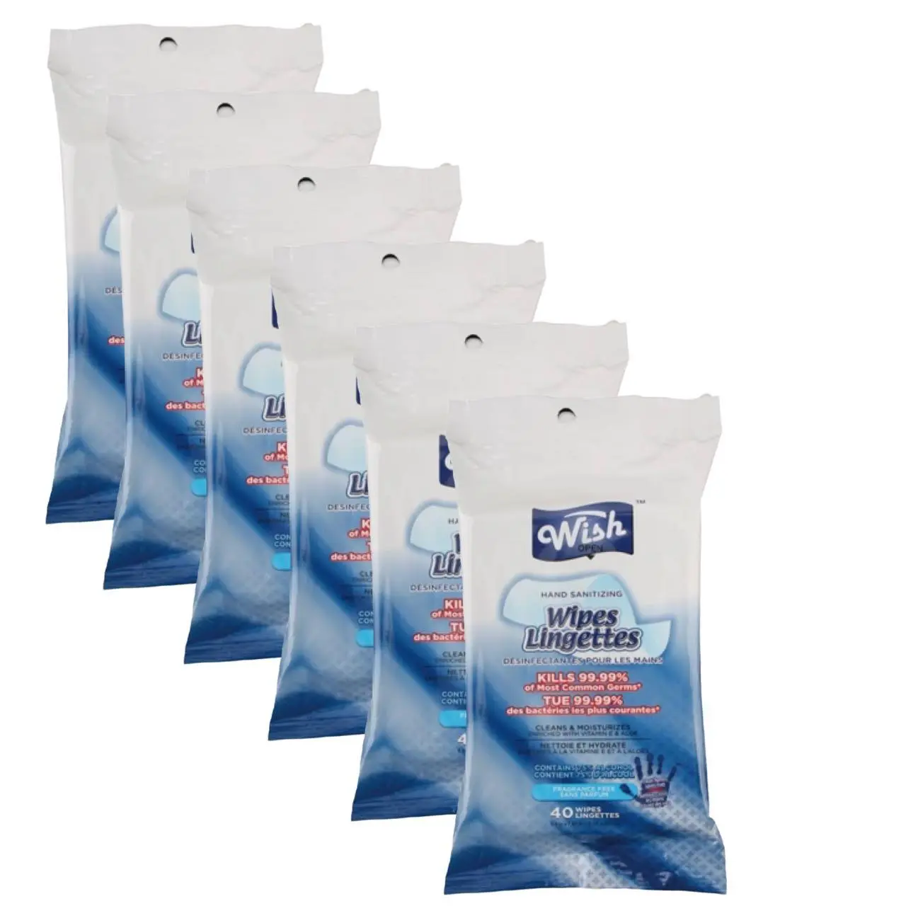(6 packs）Wish Hand Sanitizing Wipes Bag 40CT 75% Alcohol ,size 5.9in *7.87 in, enriched with vitamin E & aloe, Kills 99.99% Germs Cleans & Moisturizes Clean Hands saves lives. Daily