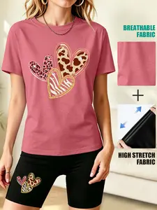 Women's Casual Short Sleeve Set, Leopard & Zebra Print Triple Hearts, Multiple Colors Available, Machine Washable, Spring & Summer Style, Soft Skin-Friendly Fabric, Daily Versatile, Fashion Design