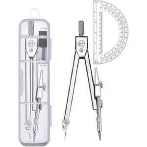 Silver Protractor and Compass Set - Precision Geometry Tools Kit for School Math Measuring Drawing, Perfect for Student Geometry Study Use