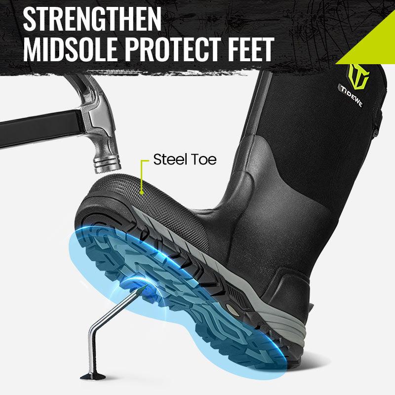 TIDEWE Work Boots Puncture-Proof with Steel Toe & Shank, Waterproof Anti Slip Rubber Boots for men worker, 6mm Neoprene Outdoor Boots Boy Footwear Walking Shoes Comfort Rain Shoes for Men steel toe boot men s boots work Closed Onyx