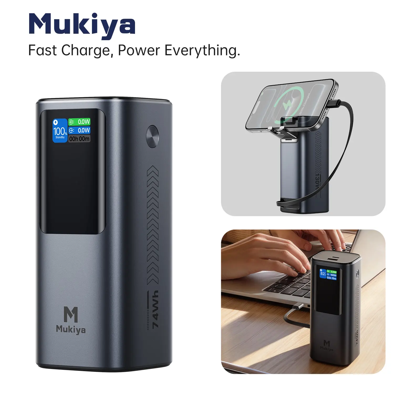 Mukiya 20000mAh Portable Power Bank 130W High Output, 70cm Retractable USB-C Cable, 100W Laptop Fast Charging, TFT Smart Display, Phone Stand, Multi Device Charging for Laptop Phone Pad Earbuds, for Work Home Travel, Airline Approved