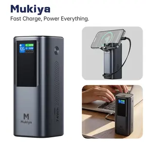 Mukiya 20000mAh 130W Portable Power Bank with Built-in USB-C Cable, 100W Laptop Fast Charger, TFT Display & Phone Stand for MacBook, iPhone, Samsung, iPad, Steam Deck