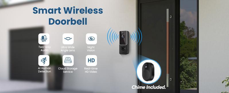 Wireless Video Doorbell Camera with Chime Ringer, Battery Powered, Smart AI Human Detection, 2.4G WiFi, 2-Way Audio, Night Vision, Cloud Storage, Easy Installation Home Security Door Bell