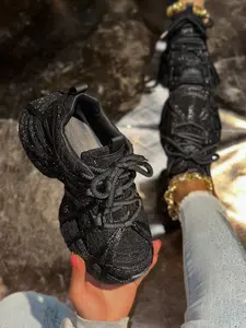 Sparkling Chunky Sole Dad Shoes, Strap Design, Glitter Design Sneakers, Versatile Height Increasing Sports Sneakers, Comfortable and Stylish